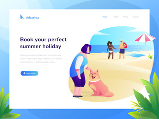 family on holiday vacation have fun in the beach with dog, beach scene Website vector flat illustration