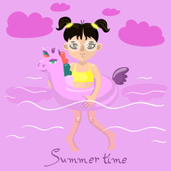 Girl swims with an inflatable unicorn vector image
