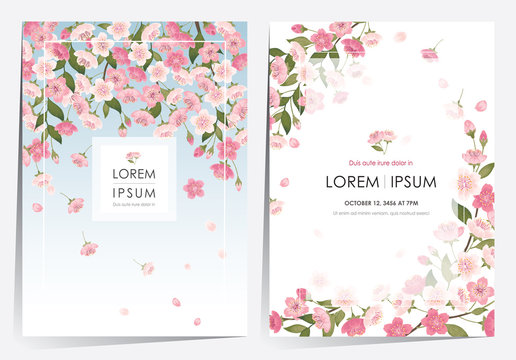 Vector illustration of a beautiful floral frame set with cherry blossom in spring for Wedding, anniversary, birthday and party. Design for banner, poster, card, invitation and scrapbook	