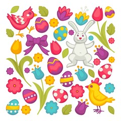 Chicken and bunny eggs and tulips Easter religious holiday vector flowers and festive symbols