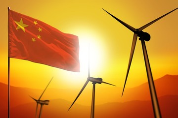 China wind energy, alternative energy environment concept with wind turbines and flag on sunset industrial illustration - renewable alternative energy, 3D illustration