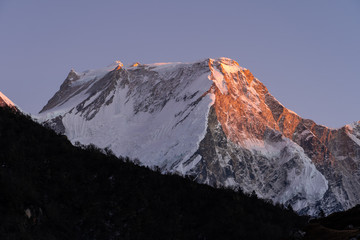 Beautiful sunset over Manaslu mountain peak, eighth highest peak in the world, Nepal