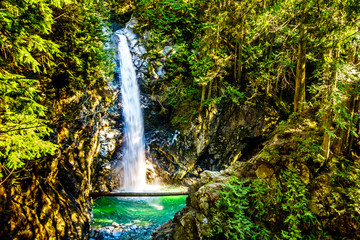 The turquoise waters of Cascade Falls in Cascade Falls Regional Park between the towns of Mission...