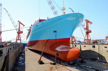 Container ship in the dry dock.