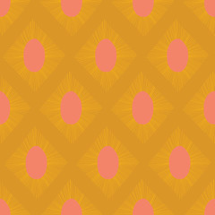 Modern Ikat seamless vector pattern gold yellow pink. Abstract rhombus shapes repeating background.