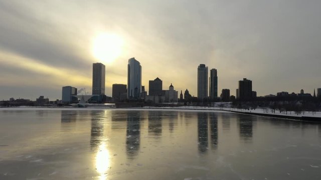 Mirror Reflection of Downtown Milwaukee, Wisconsin over Lake Michigan [4K] [Drone]