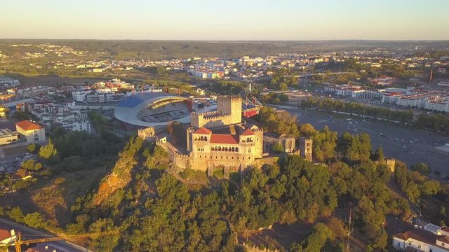 Aerial view of the Castle of Leiria, Portugal at sunrise.