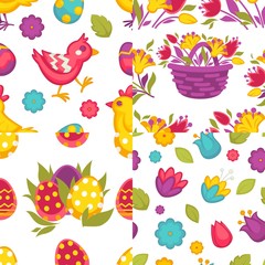 Eggs and flowers Easter seamless patterns spring holiday vector
