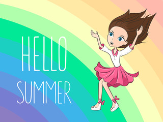 Hello Summer. Bright children's rainbow background with the image of a cartoon jumping girl in the corner. Vector illustration