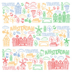 Vector pattern with Holland, Netherlands, Amsterdam icons. Doodle style.