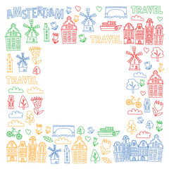 Vector pattern with Holland, Netherlands, Amsterdam icons. Doodle style.