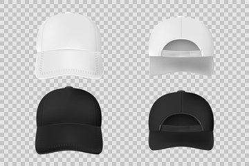Set of baseball cap black and white mockup. Realistic cap template front and back vie isolated on transparent background. Vector illustration