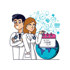 world health day couple doctors and set icons