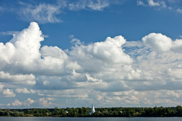 White Cumulus clouds in blue sky by day, natural background, sky, day, clouds, water, lake, pond, trees, forest, Church, religion