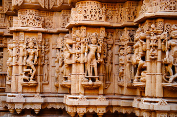 Beautifully carved idols, Jain Temple, situated in the fort complex, Jaisalmer, Rajasthan, India.