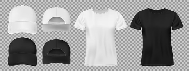 Set of sports wear template. Black and white baseball cap and t-shirt mockup, front and back view. vector illustration - obrazy, fototapety, plakaty