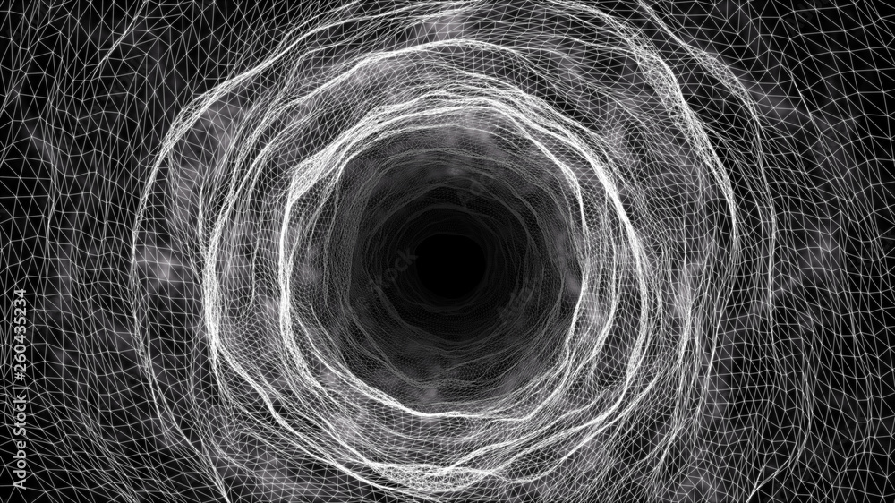Poster 3D illustration rendering futuristic white grid wire mesh tunnel, cyber data network technology concept.