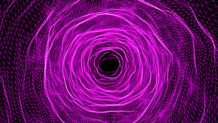 3D illustration rendering futuristic purple grid wire mesh tunnel, cyber data network technology concept.