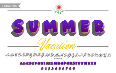 Summer Vacation. Bold and script calligraphy font, latin alphabet with shadow.
