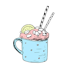 Hand draw vector illustration. tea time. sweet. menu.blue color.