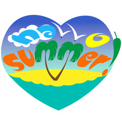 typography hello summer with palm sea gulls and the sun