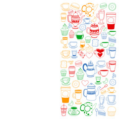 Coffee menu. Vector pattern with cappuccino, espresso. Kitchen, cooking, beverages.