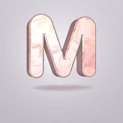 Abstract 3d capital letter M in pink marble. Realistic alphabet on modern font, isolated gray background. Vintage poster. Art design. 3d rendering