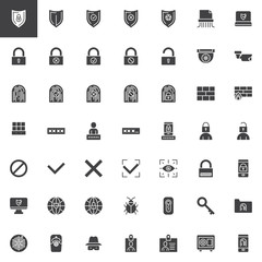 Cyber security vector icons set, modern solid symbol collection, filled style pictogram pack. Signs, logo illustration. Set includes icons as mobile phone fingerprint scan, computer virus security 