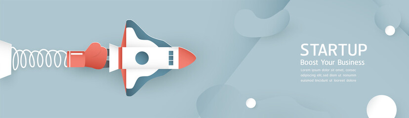 Vector illustration with start up concept in paper cut, craft and origami style. Rocket is flying on blue sky. Template design for web banner, poster, cover, advertisement. 3D art craft for kids.
