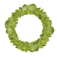 Fototapeta premium Watercolor leaf wreath. Hand painted green round frame with space for text, isolated on white background