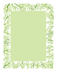 Hand painted watercolor floral frame with herbal twigs. Botanical rectangular border with green branches for save the date, wedding design, invitations, greeting cards. Light green space for text