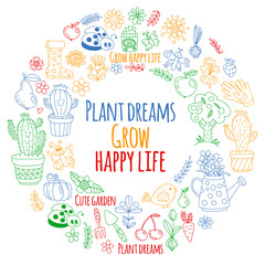 Fototapeta premium Vector pattern for backgrounds. Cute gardening. Icons for banners.