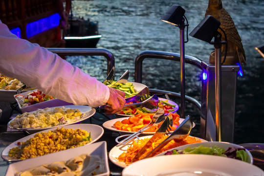 Different salads on a buffet close up.