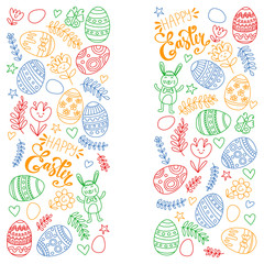 Happy Easter. Vector pattern with eggs, bunny, flowers.