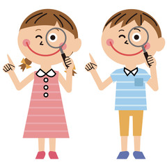 ポップな男の子と女の子　夏服　指差しと虫眼鏡