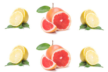Isolated citrus slices, fresh fruit cut in half orange, pink grapefruit, lemon, in a row, on a white background