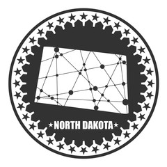 Image relative to USA travel. North Dakota state map textured by lines and dots pattern. Stamp in the shape of a circle
