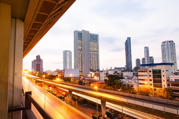 Fototapeta na wymiar skyscrapers and BTS in Bangkok, Thailand