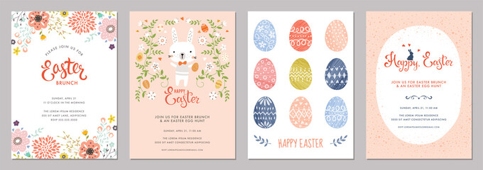 Fototapeta na wymiar Vector Easter Party Invitations and Greeting Cards with eggs, flowers and typographic design on the textured background.