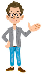 案内するジャケットを着たクリエイター風の若者