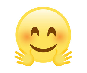 Vector yellow happy smiley face icon with red cheek and hugging hands