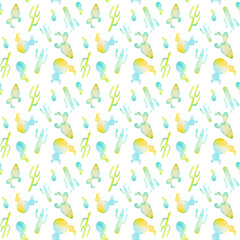 Watercolor hand painted cactus seamless pattern. Colorful vibrant turquoise and yellow cactus succulents for your design