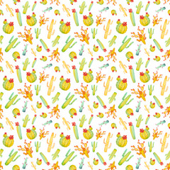 Watercolor hand painted cactus seamless pattern. Colorful vibrant green, red, orange and yellow cactus succulents for your design
