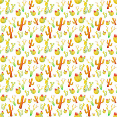 Watercolor hand painted cactus seamless pattern. Colorful vibrant green, red, orange and yellow cactus succulents for your design