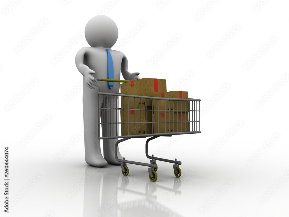 Poster 3d rendering cardboard boxes in shopping cart with man
