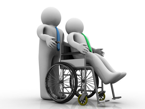 3D illustration patient in wheel chair pushing nurse