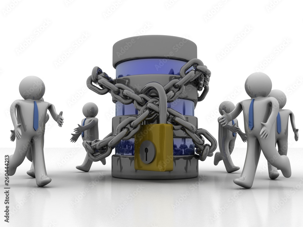 Poster 3d illustration database storage security concept. disk with lock around people