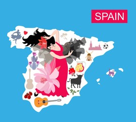 Map of Spain. Travel illustration with flamenco dancer girl, black bull, mill, cactus, guitar, tomato and another attractions.