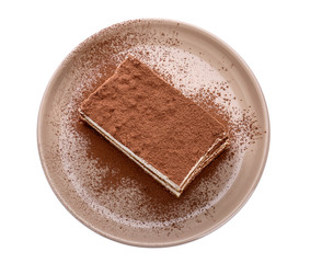 Plate with tasty tiramisu on white background