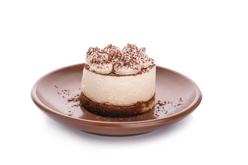 Plate with tasty tiramisu on white background